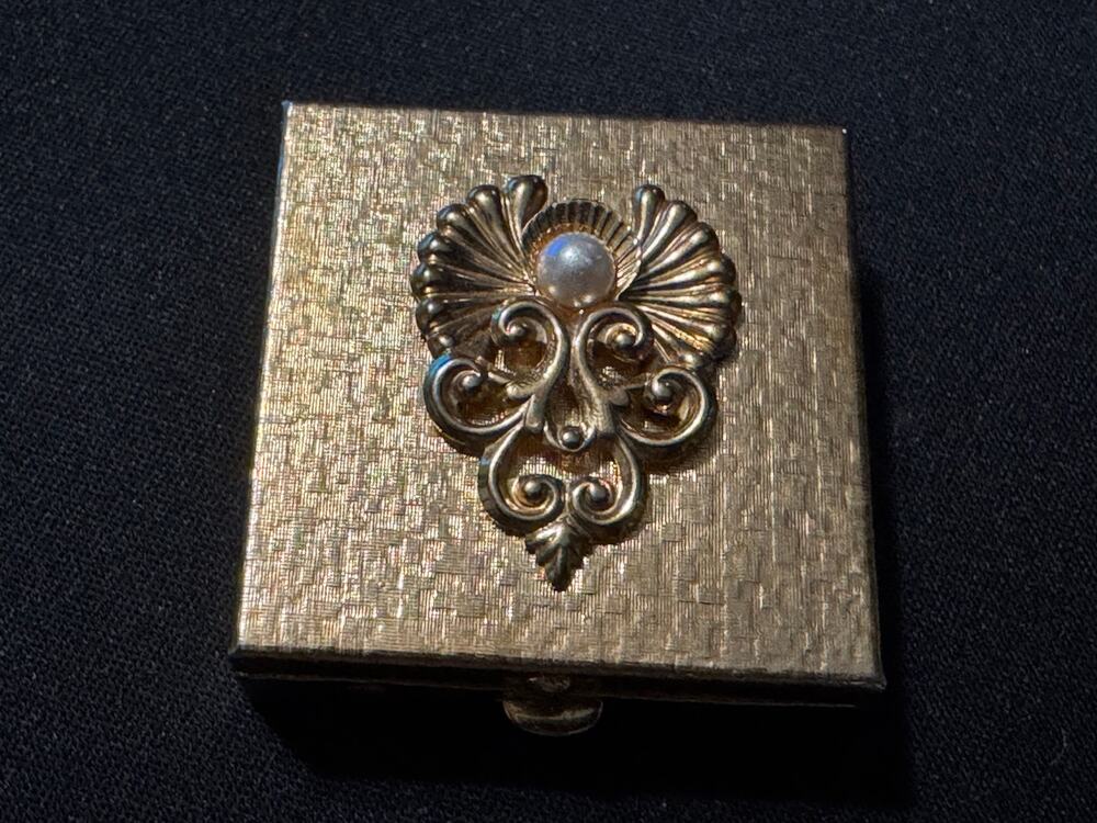 Vintage Pill Box Gold Tone Jane 1998 AOL Brass Faux Pearl